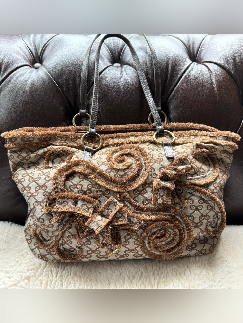 Anya Hindmarch EUC Brown Embroidered Tote Bag Unique Made in Italy
